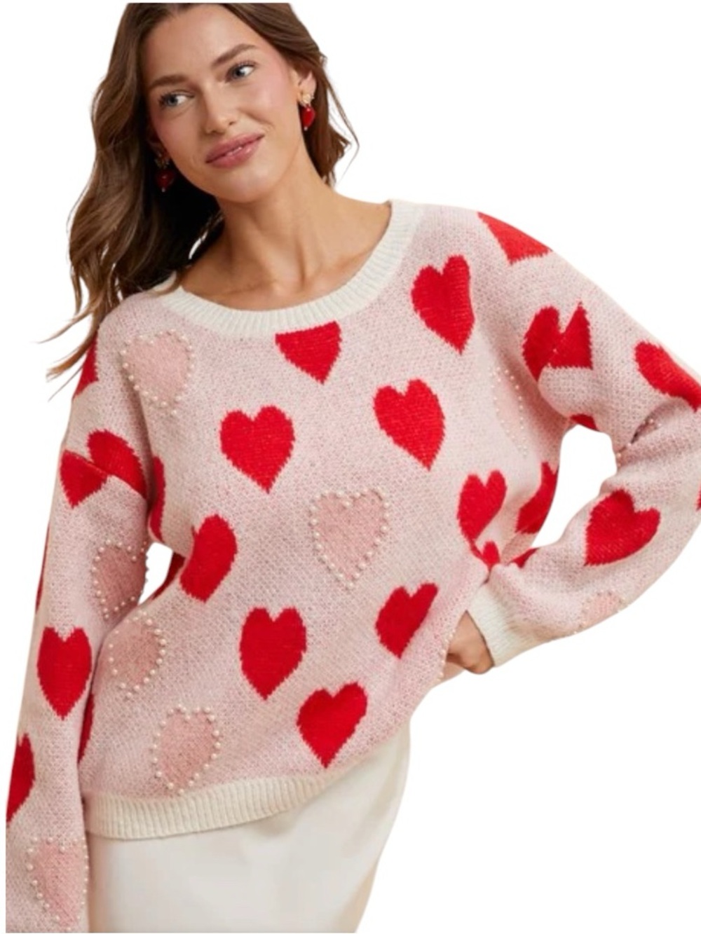 Heart Print Pearl Embellished Knit Sweater Jumper Red Pink Lily Size Medium NWT